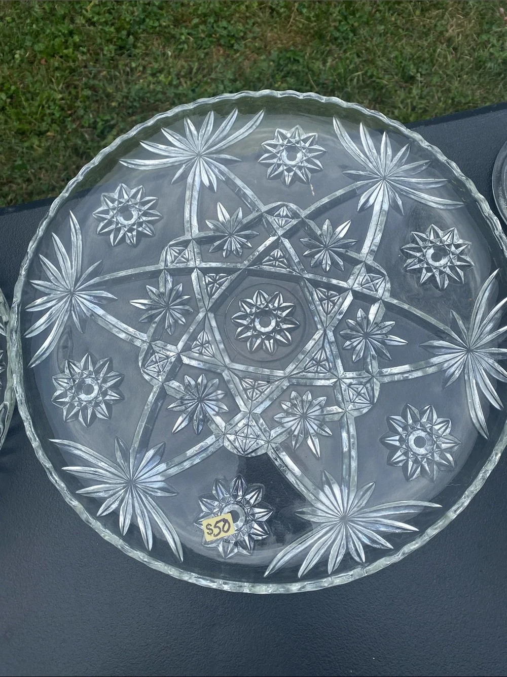 Clear Cut Glass Serving Bowl and Platter Set - Elegant Star Pattern